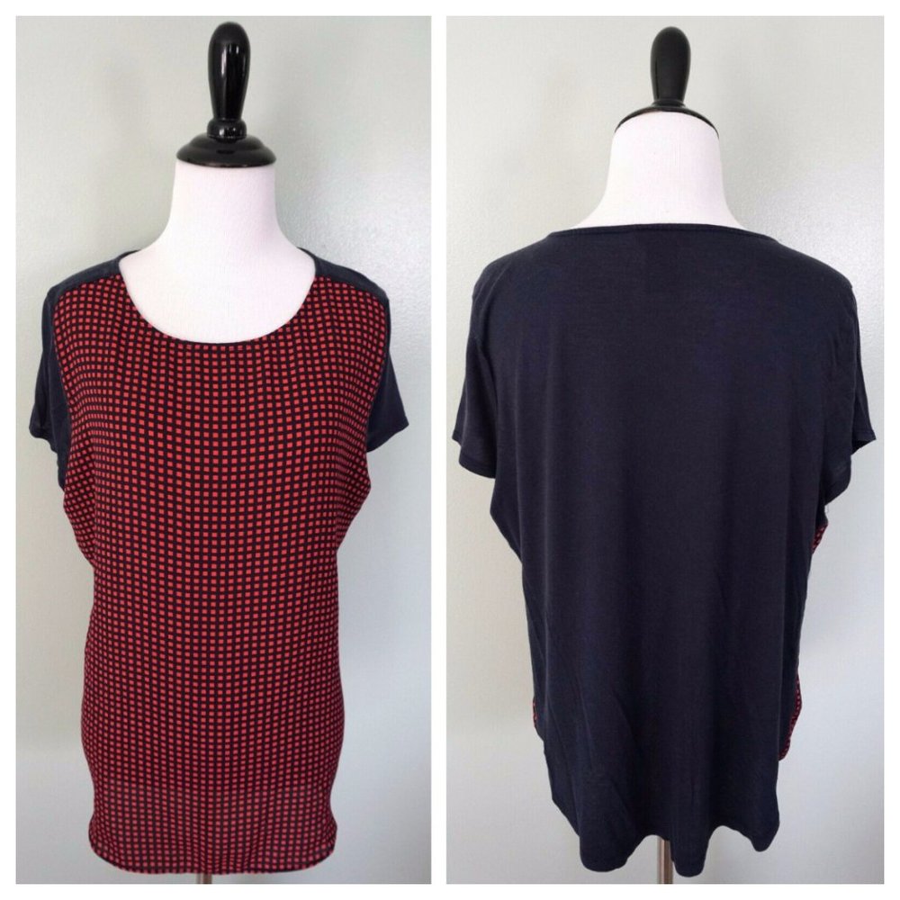 Ann Taylor Red Blue Check Short Sleeve Blouse